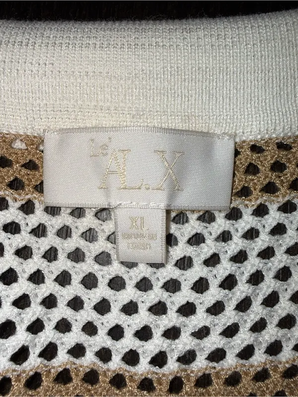 Chic White & Tan Striped Crochet Knit Maxi Cover-Up Dress Collared Beach Resort - Image 5