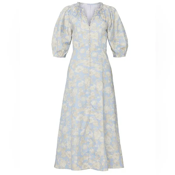 Rebecca Taylor Short‎ Sleeve Satin Leaf Floral 100% Cotton Maxi Dress Size 8 - Image 15