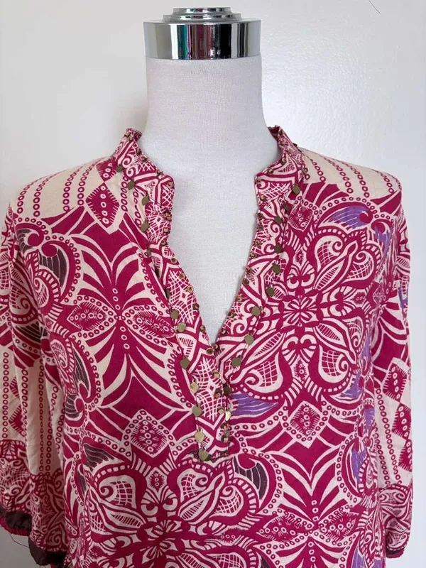 Angie Pink and Cream Printed V Neck Dress - Image 2