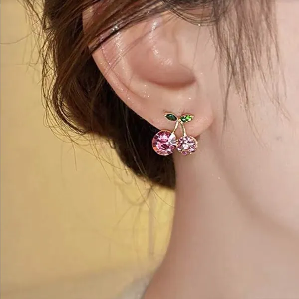 Elegant Pink and Green Crystal Cherry Earrings - Image 6