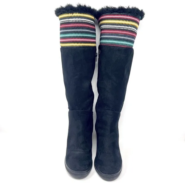Canyon River Blues Harper Black Rainbow Knit Faux Fur Trim Tall Wedge Boots 8 - Image 8