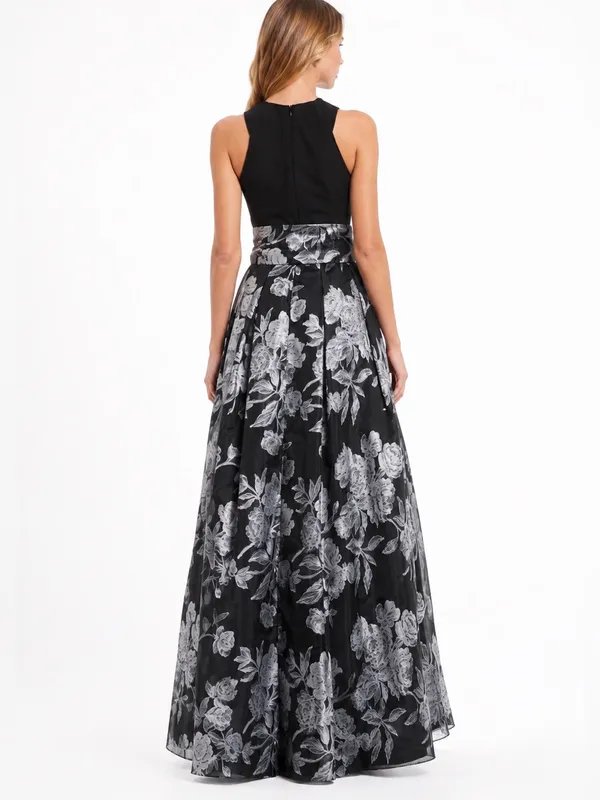Eliza J Criss Cross Halter Neck Brocade Ling Dress Gown Black Silver Size 4 - Image 2
