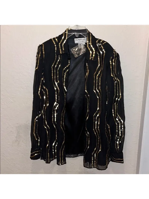 Vintage Evening mini dress Black Gold Heavy Sequin Formal Jacket Blazer Formal - Image 3