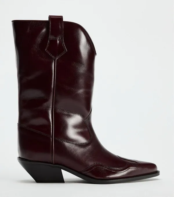 Zara burgundy leather western boots cowboy cowgirl boho ankle shoes - Image 4