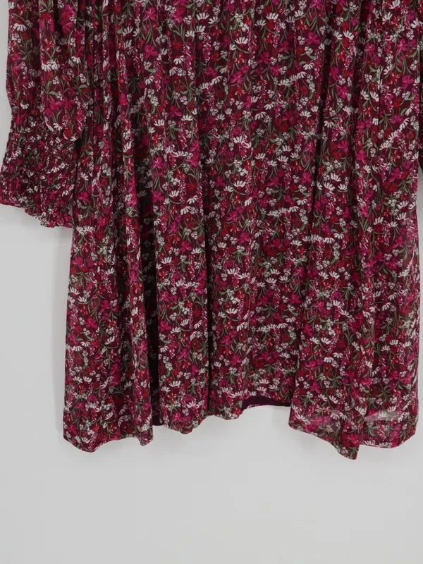 Draper James RSVP Smocked Floral Dress L Burgundy Metallic Long Sleeve Cottageco - Image 14