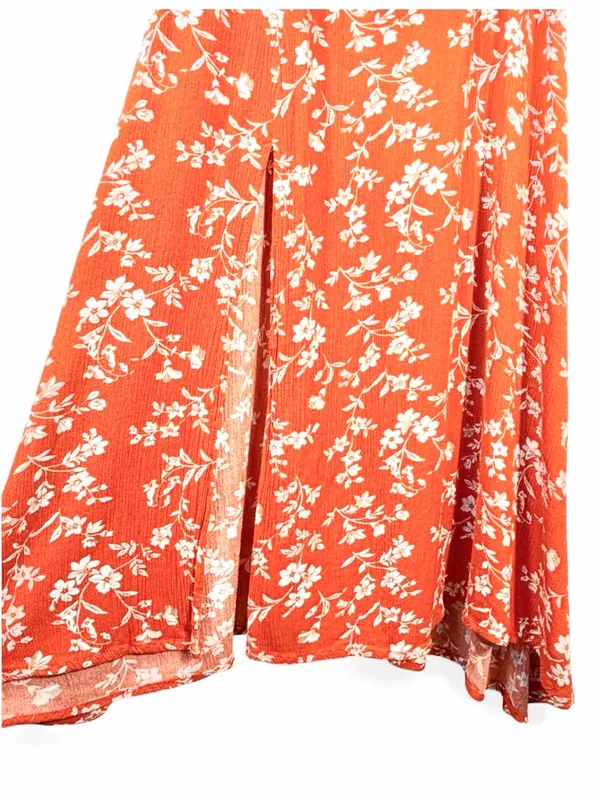 LULUS Women’s Garden Date Red Orange Floral Print Ruffle Midi Dress size XXS - Image 11