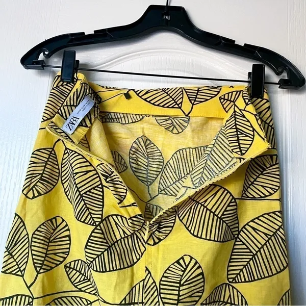 Zara Printed Linen Blend Leaf Midi Skirt Yellow Black‎ XS NWT - Image 5
