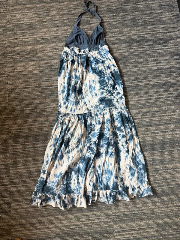 Moda International XS Blue White Tie Dye Halter Maxi Dress 100% Cotton - Image 3