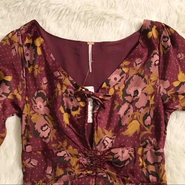 FREE PEOPLE Morning‎ Light Mini Dress Long Sleeve Floral Satin Purple Size 0 New - Image 5