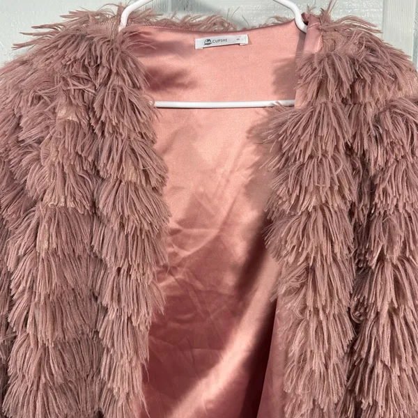 Cupshe Pink Soft Fringe Open Front Lined Jacket Size Small EUC - Image 4