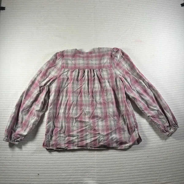 LOFT Women’s Medium Plaid Smocked Peasant Blouse Pink Gray Button Front - Image 9