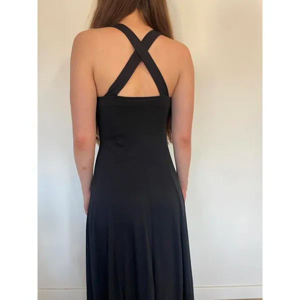 Black Midi Cross Back Square Neck Fit and Flare Dress - Image 8