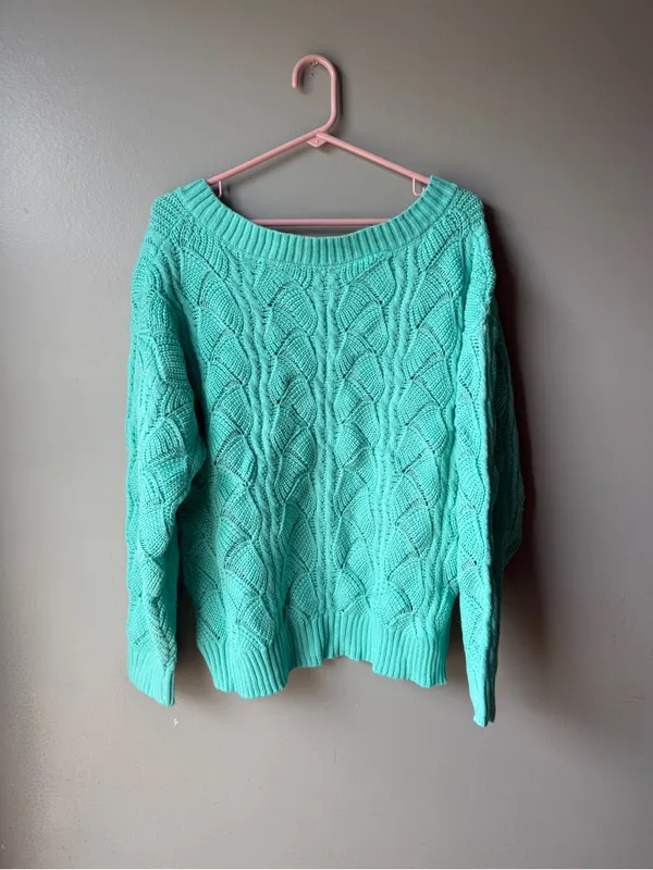 Mint Green Cable Knit V-Neck Sweater Coastal Cottagecore Soft Women’s - Image 6