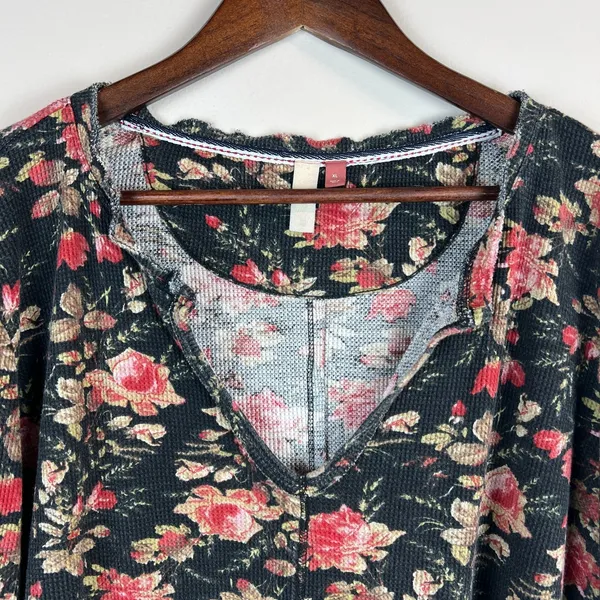 Anthropologie Pilcro Thermal Top Womens XL Split-Neck‎ Floral Waffle Knit Boho - Image 3