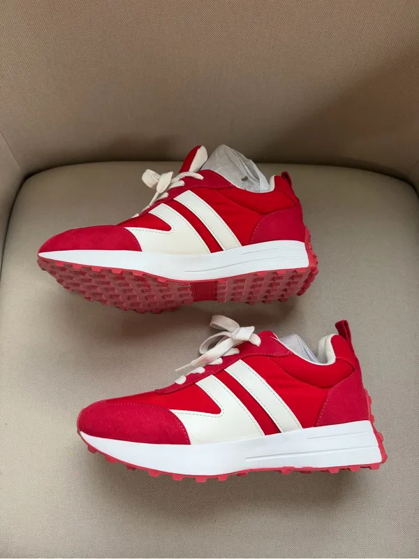 J/Slides Urban Sport Red/White Low Top Lace-Up Gummy Athletic Trendy Sneakers - Image 2