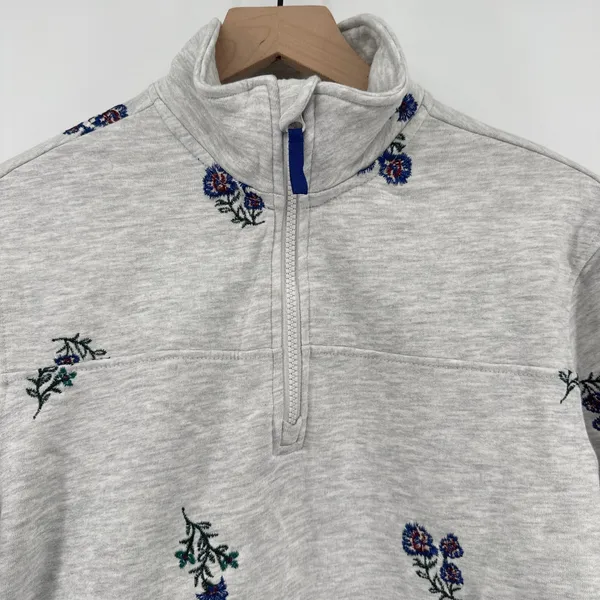 Wonderly Floral Embroidery Long Sleeve 1/4 Brushed Terry Sweatshirt Gray Women S - Image 2