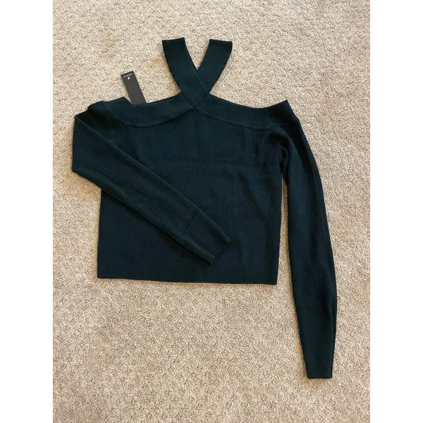 NWT- Lulus Green Ribbed Cold Shoulder Cropped Sweater Top M - Image 4