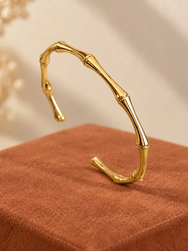 Gold Bamboo Open Cuff Bracelet Minimalist Stackable Bangle NWT - Image 3