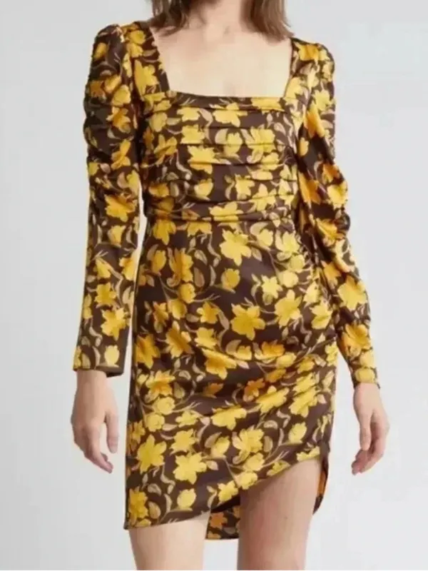 NWOT Floret Studios Brown and Yellow Floral Shirred Long Sleeve Mini Dress Sz L - Image 2