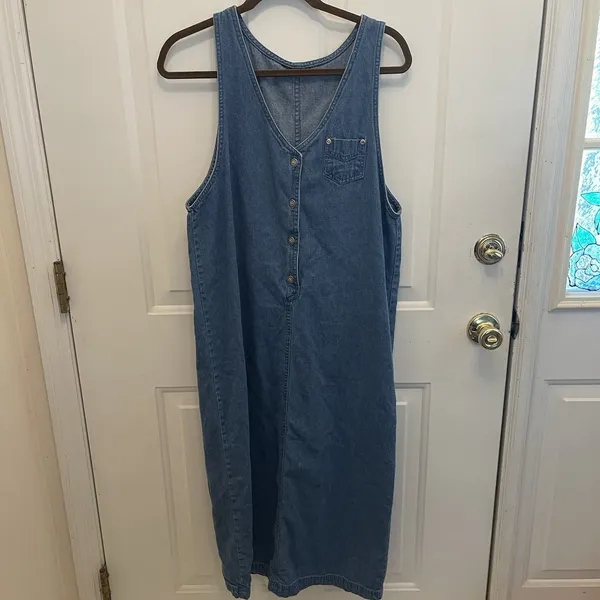 Vintage Denim Button Front Sleeveless Maxi Dress Jumper‎ Blue Cottage Coastal - Image 2