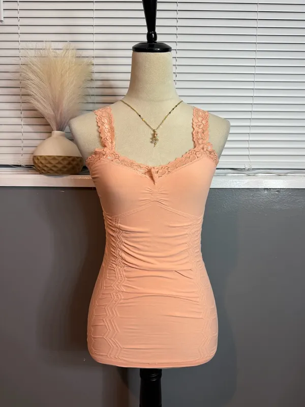 Peach Lace Ruched Fitted Cami Tank Top Small - Image 3