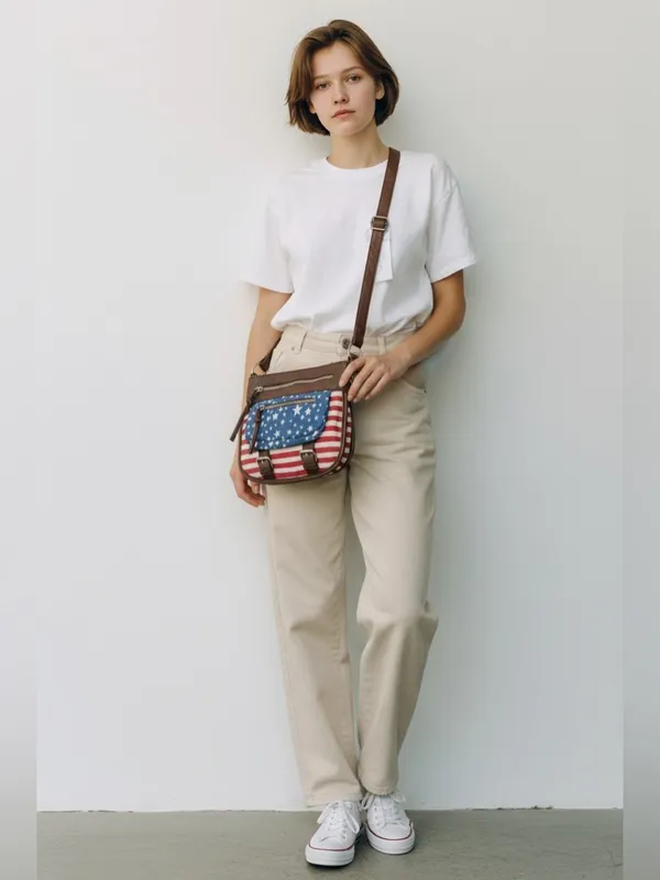 Minicci Americana Stars & Stripes Canvas Crossbody Bag - Brown & Red/White/Blue - Image 3