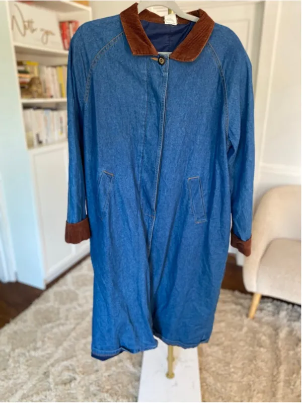 Vintage Denim Duster Coat Corduroy Collar Quiet Luxury Boho‎ Parisian Americana - Image 4