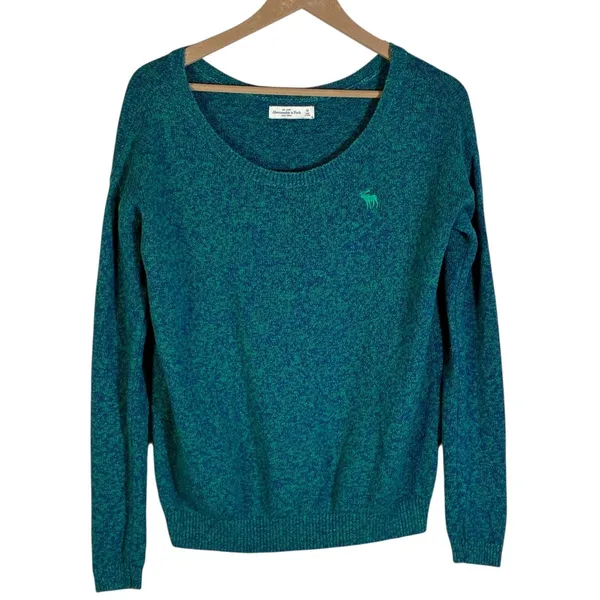 Abercrombie & Fitch Marled Knit Scoop Neck Sweater Teal Green Preppy Logo Size M - Image 2