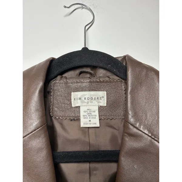 Kim Rogers Womens M Brown 100% Leather Button Front Blazer Jacket Lined Classic - Image 3