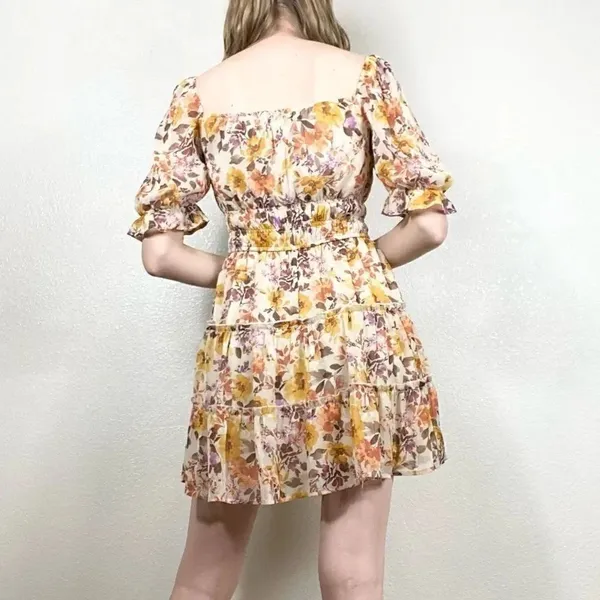 Trixxi White & Orange Floral Puff Sleeve Tiered Mini Dress - Image 2