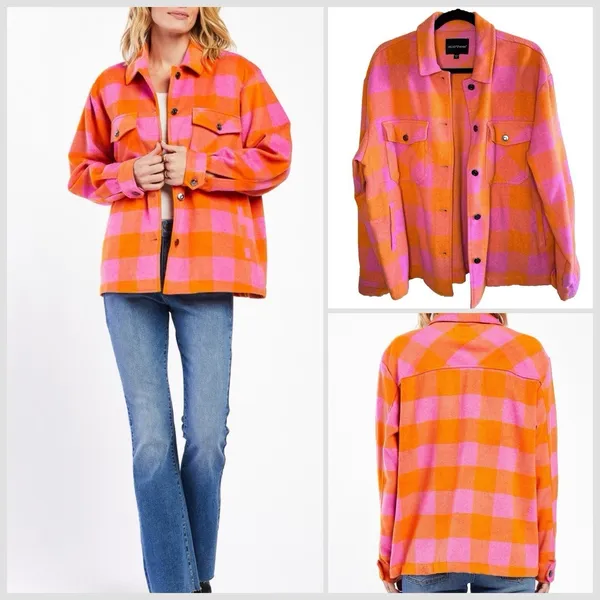 Velvet‎ Heart Sheryl Button Down Plaid Shacket Jacket Size M Pink Orange Flannel - Image 2