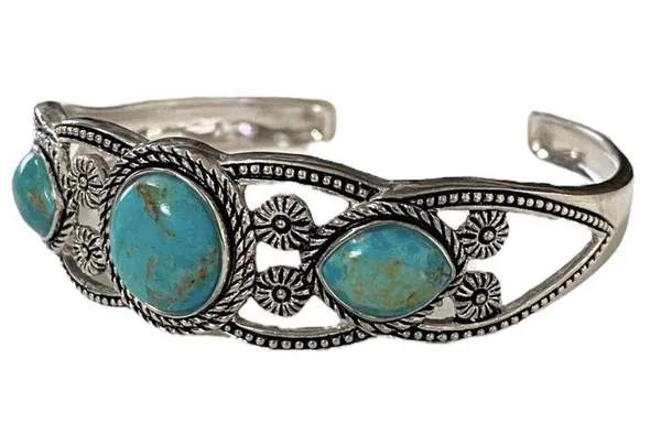 Stauer Triple Turquoise Cuff Open Bangle Silver Bracelet - Image 6