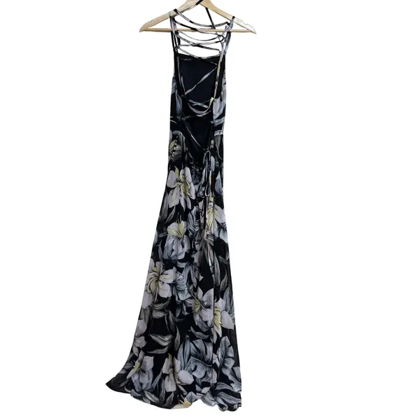Lulus‎ love abloom Black Floral Print Maxi Dress Spaghetti Strap Lace Up Back M - Image 4