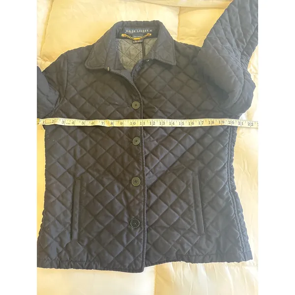 Ralph Lauren Black Diamond Quilted Jacket Button Front Gold Chain Loop Womens M - Image 7