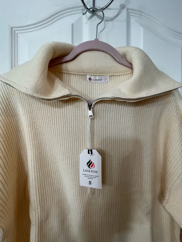 Cream Half-Zip Ribbed Sweater By LASLULU - Image 2