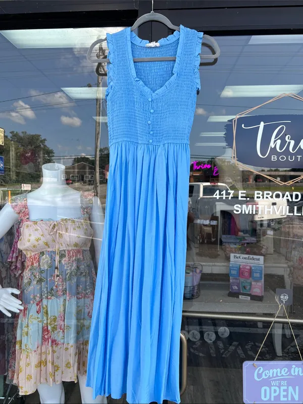 Light Blue Smocked Midi Dress V-Neck Button Front Ruffle Small - Image 14