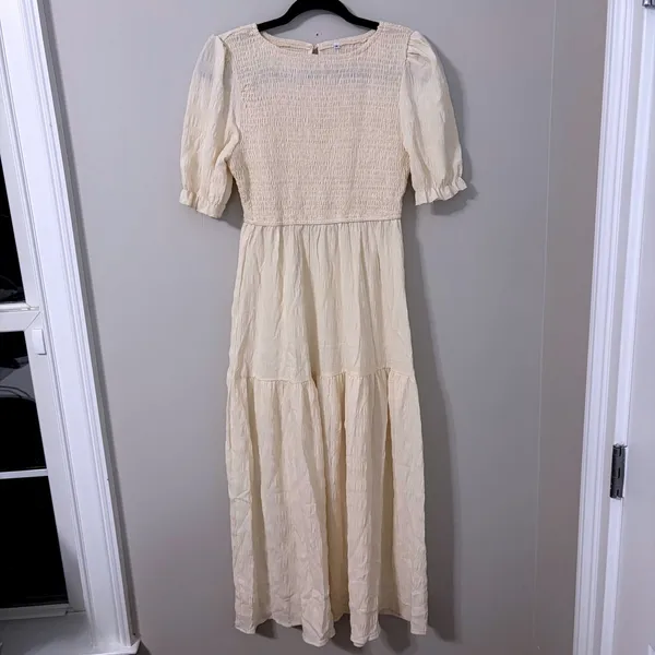Cream Smocked Puff Sleeve Tiered Maxi Dress Cottagecore Textured Boho Medium - Image 2