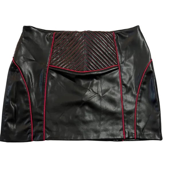 Zara Faux Leather Black Quilted Red Piping Moto Mini Skirt‎ Size L Biker Rock - Image 4