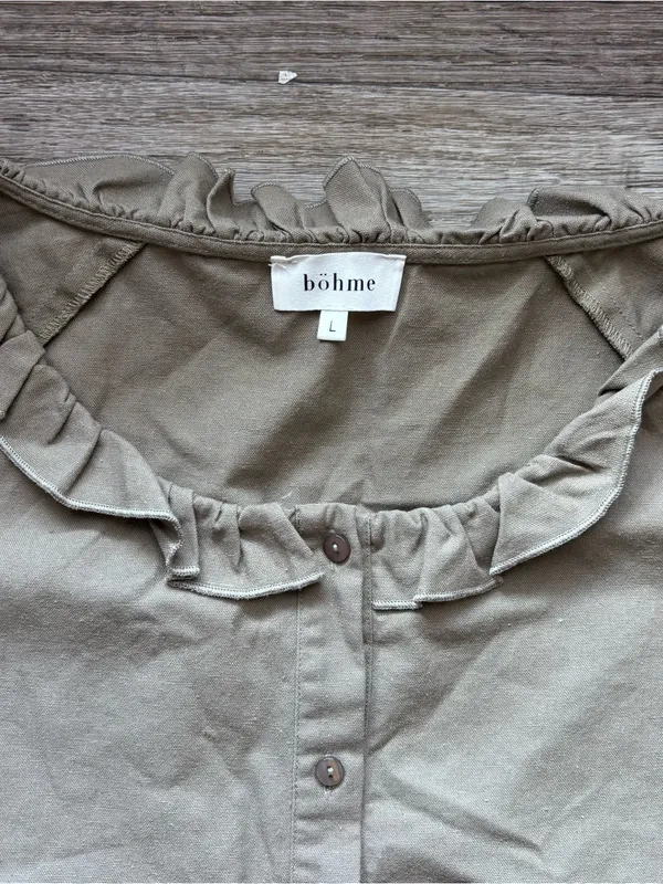 Bohme Linen Blend Ruffle Neckline Short Sleeve Button Down Top Sage Green Large - Image 3