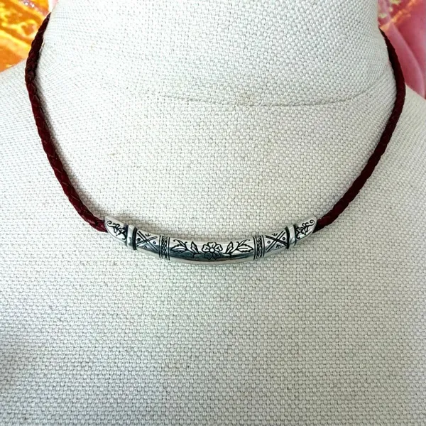 Brighton Red Braided Leather Necklace & Bracelet Set Silver Tone Floral - Image 2