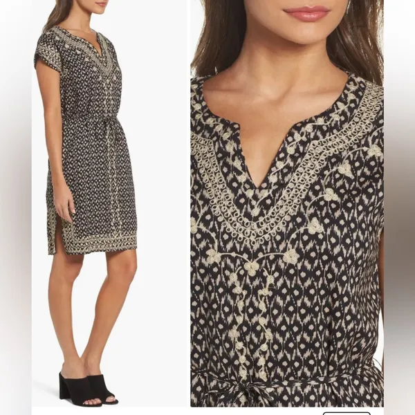 THML Black and Cream Embroidered Printed V-Neck Shift Dress with Tie size small - Image 3