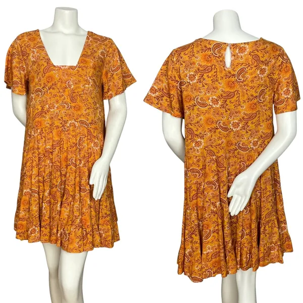 Patrons of Peace Babydoll Dress Paisley Floral Mini Women Sz Large‎ Boho Tiered - Image 2