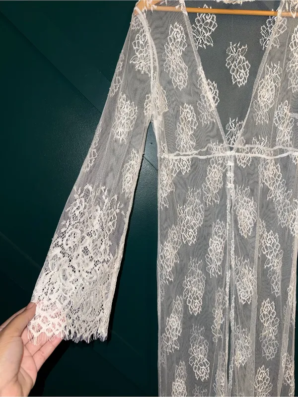 En Crème Sheer White Long Kimono Lace Maxi Swin suit Cover-Up Bridal Robe - Image 3