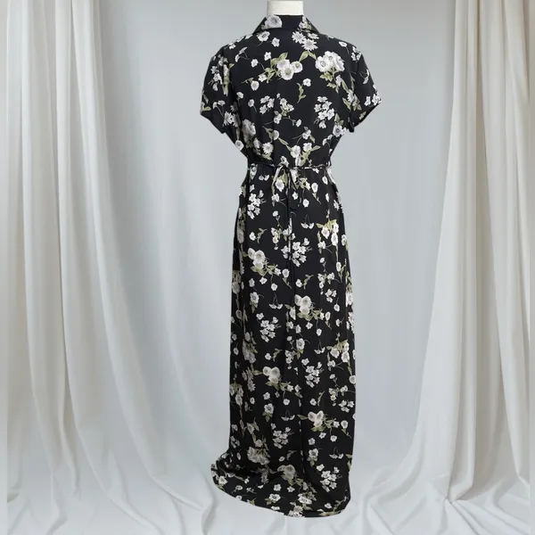 Vintage 90s B Moss Dark Floral Maxi Dress Women’s 13/14 Short Sleeve Collar - Image 2
