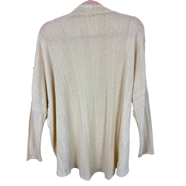 Daytrip Womens Cream Ribbed Knit Crochet Lace Trim Open Front Cardigan Medium - Image 2