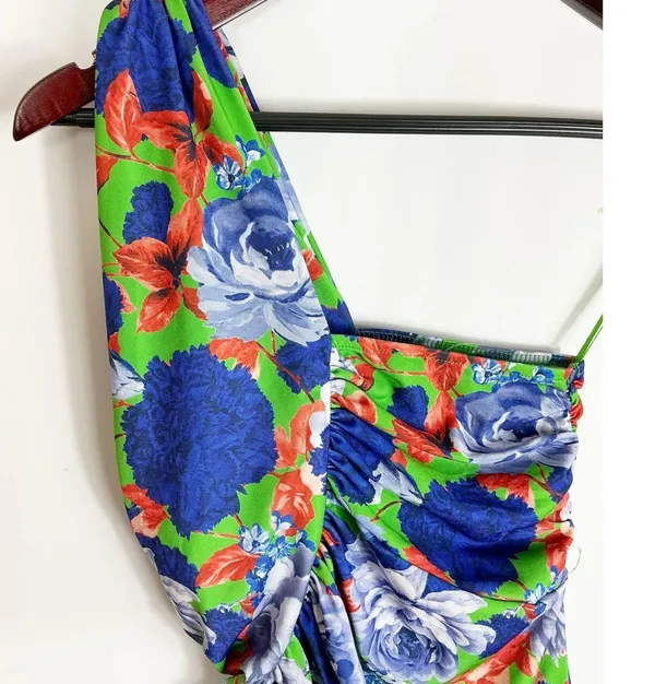 Zara Womens One Shoulder Bodysuit Floral Green Blue Small - Image 2