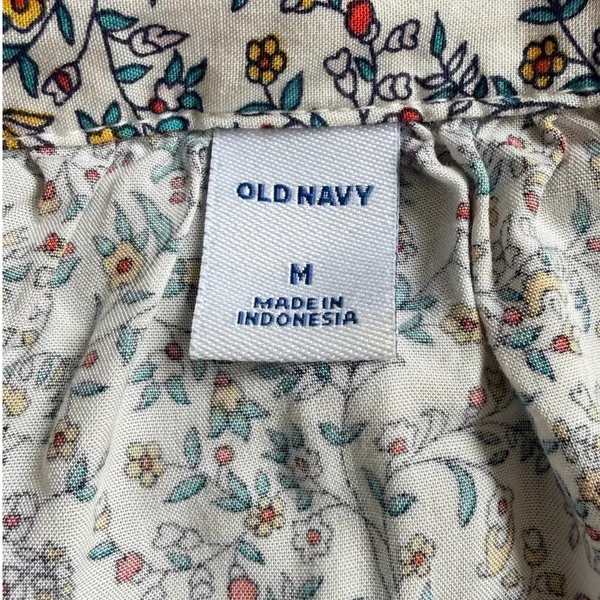 Old Navy Cream Yellow Blue Floral Split-Neck Button Long Sleeve Blouse Size M - Image 3