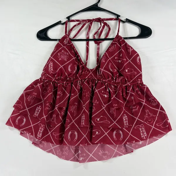 Wild Fable Burgundy Western Cowboy Print Halter Babydoll Peplum Top Red Medium NEW - Image 3
