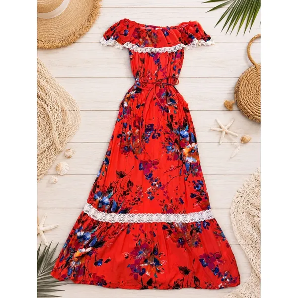 Floral Off Shoulder Maxi Dress Coral Orange Boho Resort Lace Trim Medium Umgee - Image 8
