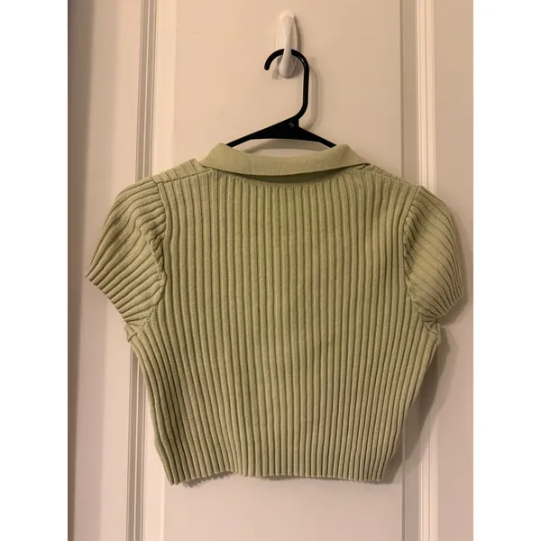 Brandy Melville Sage Green Ribbed Knit Polo Crop Top Small Cotton Short Sleeve - Image 12